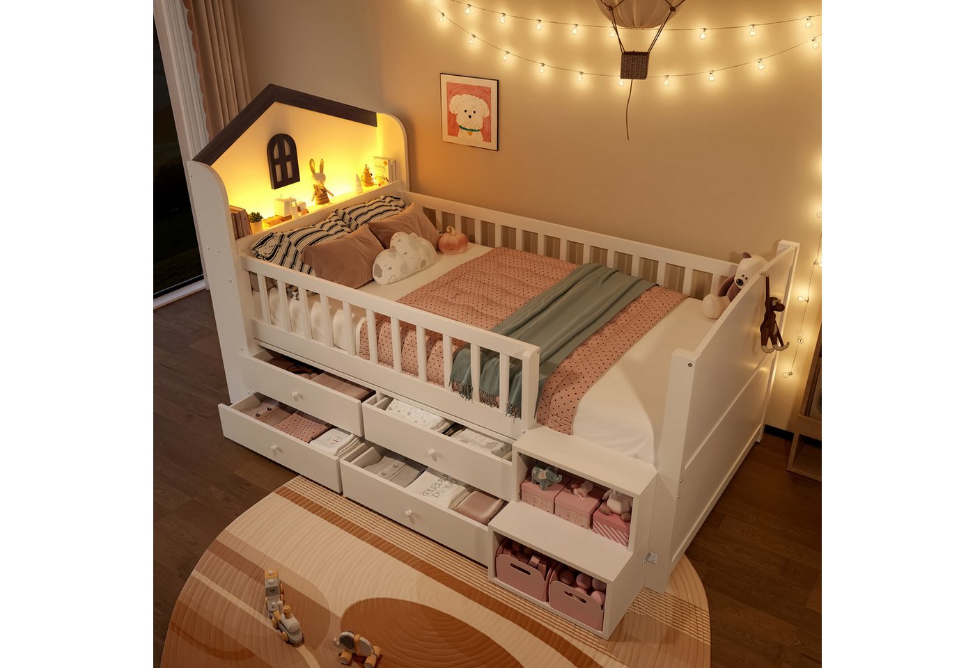 MODFU Kinderbett mit LED-Beleuchtung (Holzbett mit 4 Schubladen & integrierter Leiter, Halbhohes Hausbett 90x200 cm), ohne Matratze von MODFU
