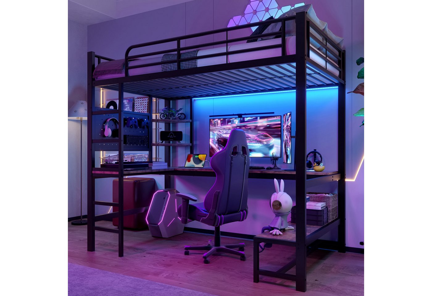 MODFU Kinderbett mit LED-Leiste, USB-/Type-C-Steckdose (Hochbett mit stabilem Eisenrahmen, Schreibtisch, Lochbrett, Leiter & Ablagen, Metallbett 90x200cm), ohne Matratze von MODFU