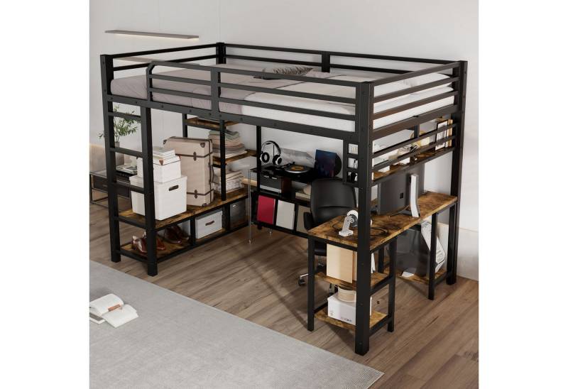 MODFU Kinderbett mit Robuste Lattenroste, 4-stufige Leiter (Eisen-Hochbett mit Schreibtisch und Ablage, Metallbett 120x200cm), ohne Matratze von MODFU
