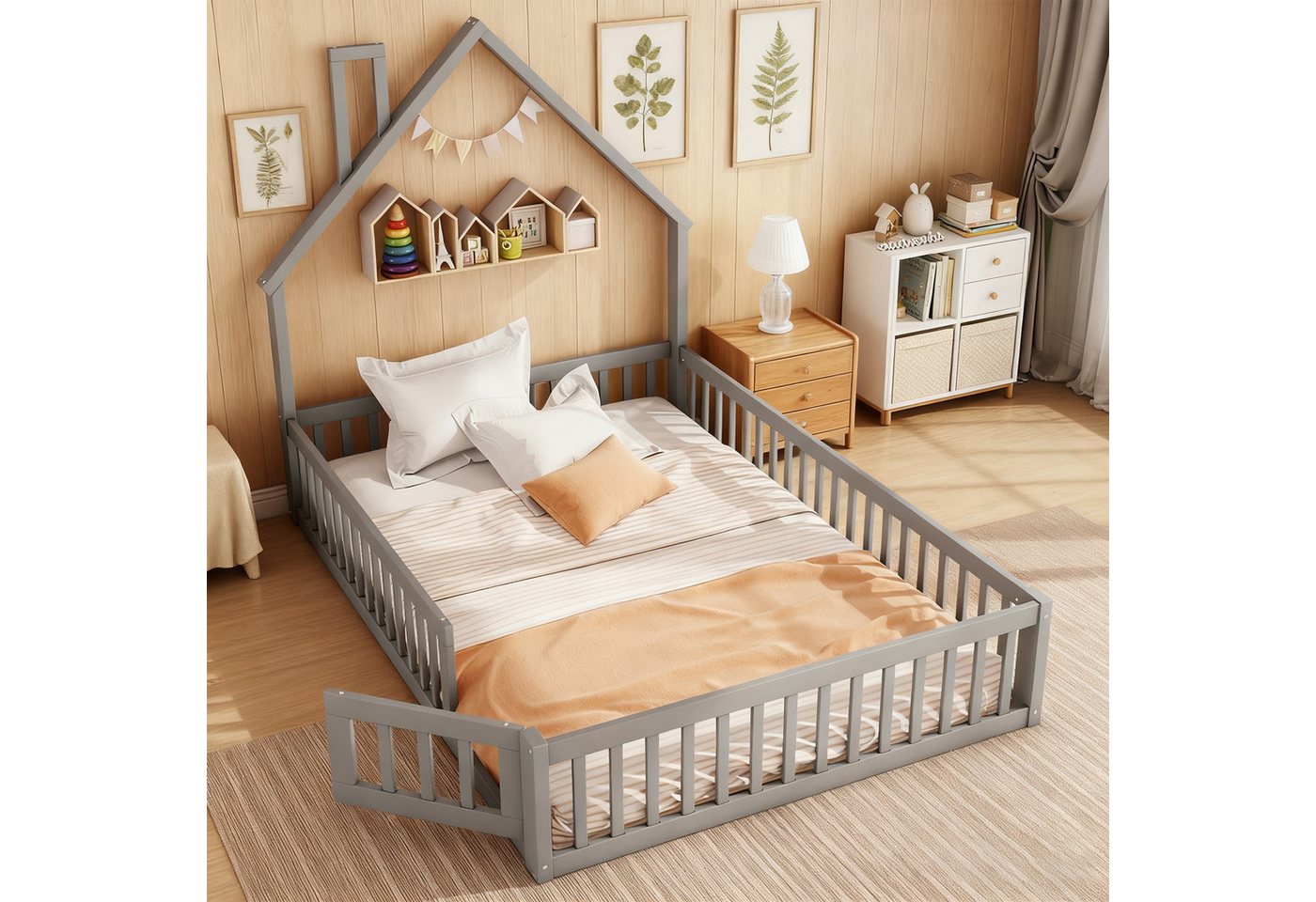 MODFU Kinderbett mit Schornsteinform aus Kiefernholz (Holzbett mit stabiles Lattenrost, Hausbett 140x190 cm), ohne Matratze von MODFU