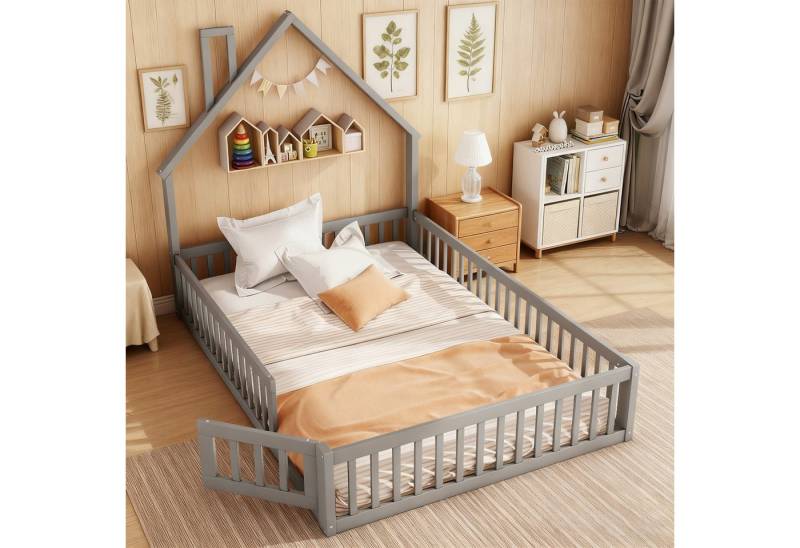 MODFU Kinderbett mit Schornsteinform aus Kiefernholz (Holzbett mit stabiles Lattenrost, Hausbett 140x190 cm), ohne Matratze von MODFU