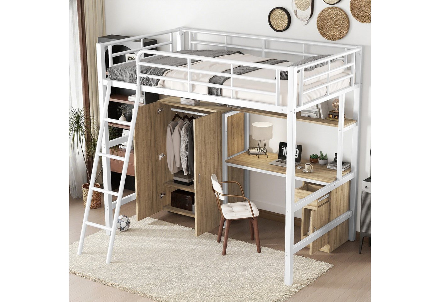 MODFU Kinderbett mit Schreibtisch & Kleiderschrank (Einzelbett Integrierte Ablagefächer und 4-stufige Schrägleiter, Metallbett 90x200 cm), ohne Matratze von MODFU