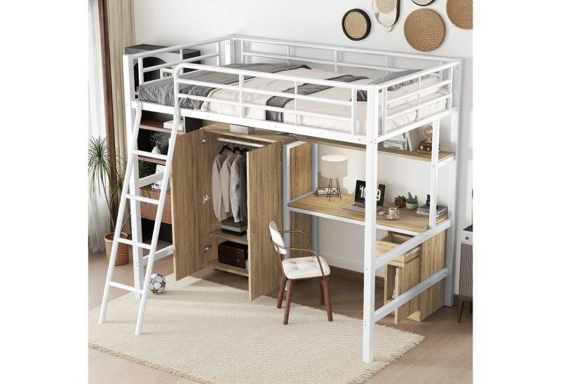 MODFU Kinderbett mit Schreibtisch & Kleiderschrank (Einzelbett Integrierte Ablagefächer und 4-stufige Schrägleiter, Metallbett 90x200 cm), ohne Matratze von MODFU