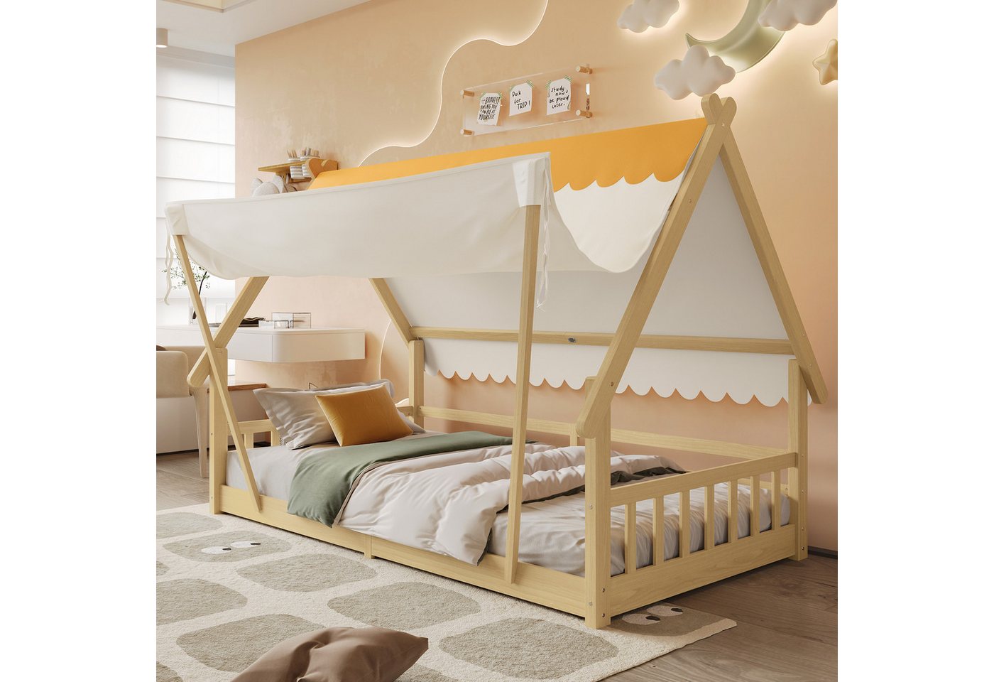 MODFU Kinderbett mit Sicherheitsgeländer & abnehmbarem Zelt (Holzhaus Einzelbett, stabiles Lattenrost, Holzbett 90x190 cm), ohne Matratze von MODFU