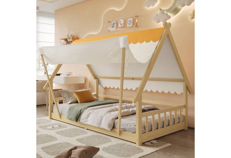 MODFU Kinderbett mit Sicherheitsgeländer & abnehmbarem Zelt (Holzhaus Einzelbett, stabiles Lattenrost, Holzbett 90x190 cm), ohne Matratze von MODFU