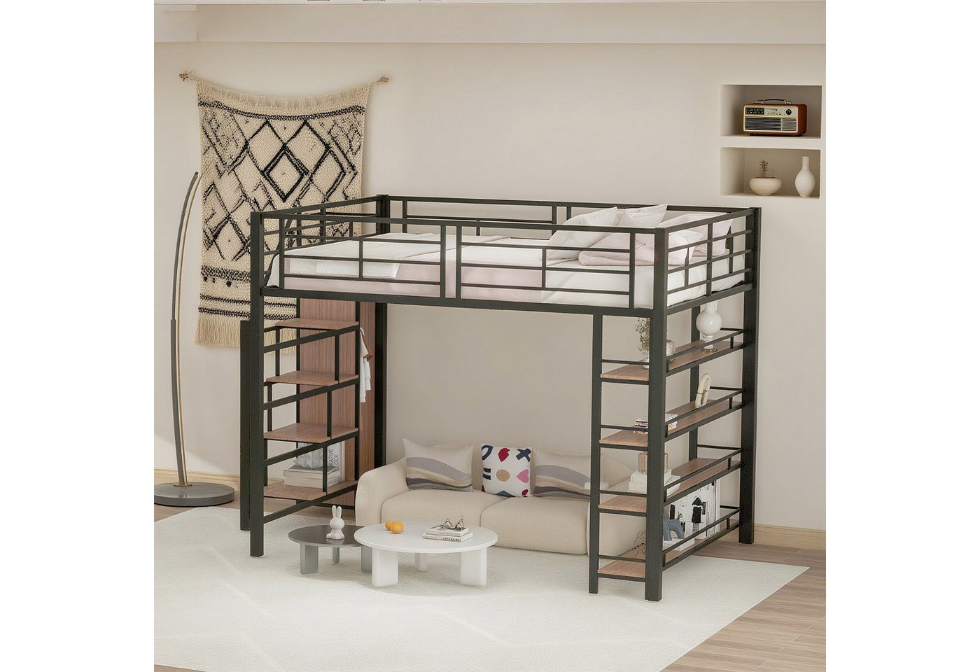 MODFU Kinderbett mit Sicherheitstreppe, Stauraum (Hochbett mit Kleiderschrank, Metall-MDF Einzelbett, Eisenbett 140x200 cm), Inklusive Matratze von MODFU