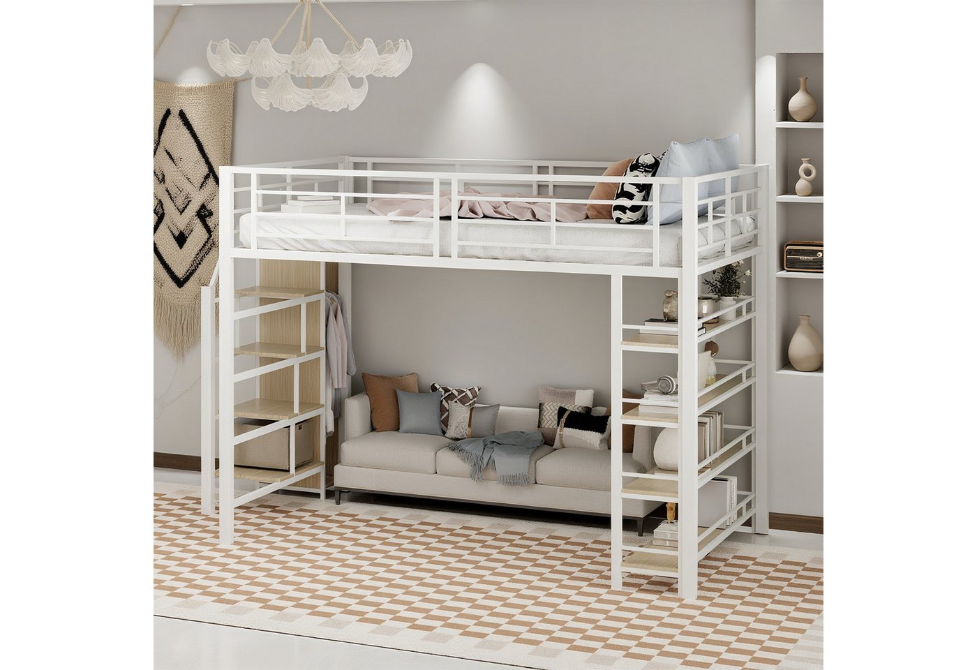 MODFU Kinderbett mit Sicherheitstreppe, Stauraum (Hochbett mit Kleiderschrank, Metall-MDF Einzelbett, Eisenbett 140x200 cm), Inklusive Matratze von MODFU