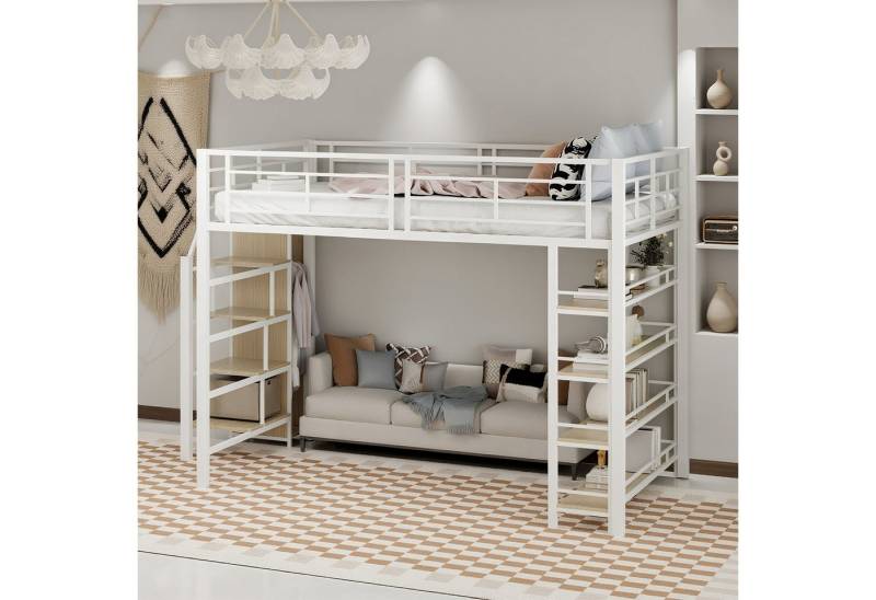 MODFU Kinderbett mit Sicherheitstreppe, Stauraum (Hochbett mit Kleiderschrank, Metall-MDF Einzelbett, Eisenbett 140x200 cm), Inklusive Matratze von MODFU