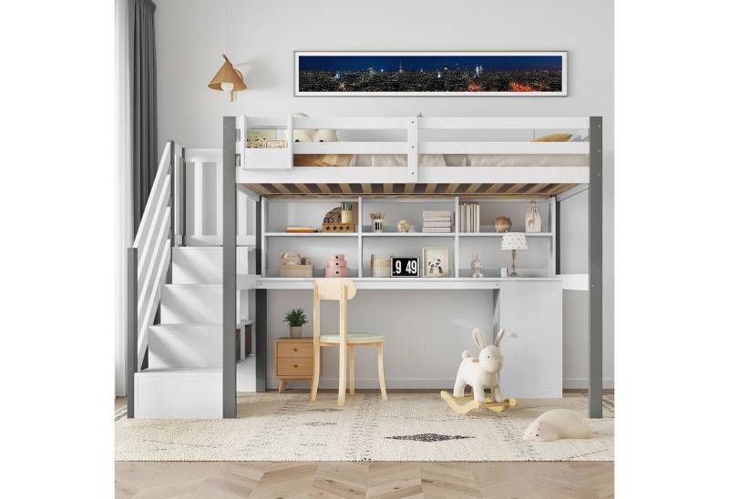 MODFU Kinderbett mit Stoff-Aufbewahrungsbox und Schreibtisch (Hochbett, Seitlicher Zugang mit Stauraum, Offenes Regal, Einzelbett 90x200cm), ohne Matratze von MODFU