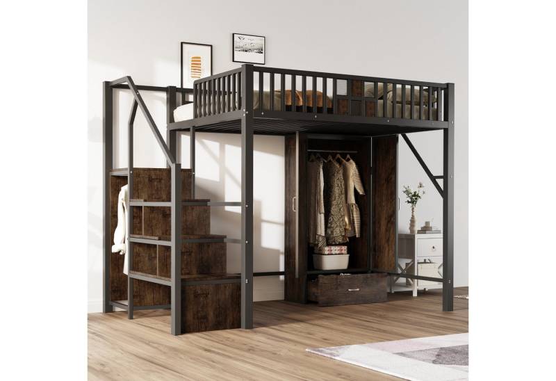 MODFU Kinderbett mit einzigartigem Geländer (Metall-Hochbett mit Schubladen und Kleiderschrank, Funktionsbett 140 × 200 cm), ohne Matratze von MODFU
