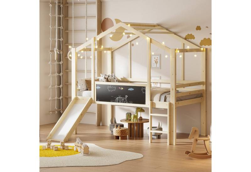 MODFU Kinderbett mit integrierte Blackboard-Tafel (Funktionsbett mit Sicherheitsleiter, Spiel- & Schlafbereich, Holzbett 90×200 cm), ohne Matratze von MODFU