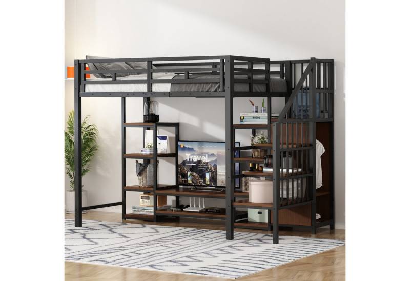 MODFU Kinderbett mit integrierter Steckdose (Hochbett mit TV-Ständer und sicherer Leiter, 90x200 cm), Metallbett 90x200cm von MODFU