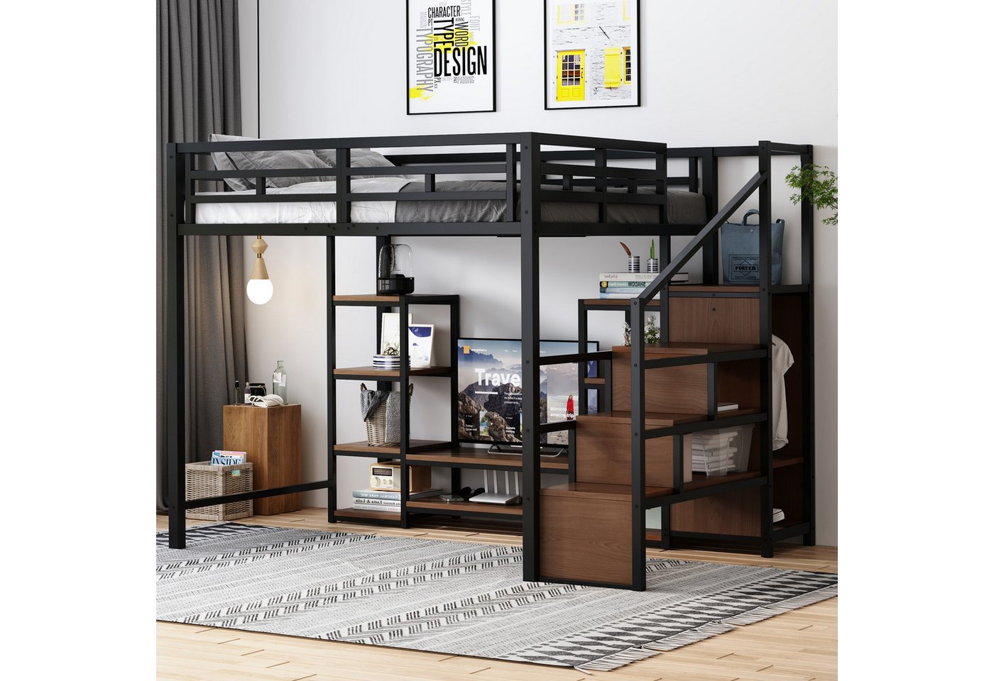 MODFU Kinderbett mit integrierter Steckdose (Hochbett mit TV-Ständer und sicherer Leiter, Metallbett 140x200cm), ohne Matratze von MODFU
