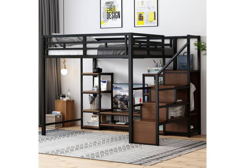 MODFU Kinderbett mit integrierter Steckdose (Hochbett mit TV-Ständer und sicherer Leiter, Metallbett 140x200cm), ohne Matratze von MODFU