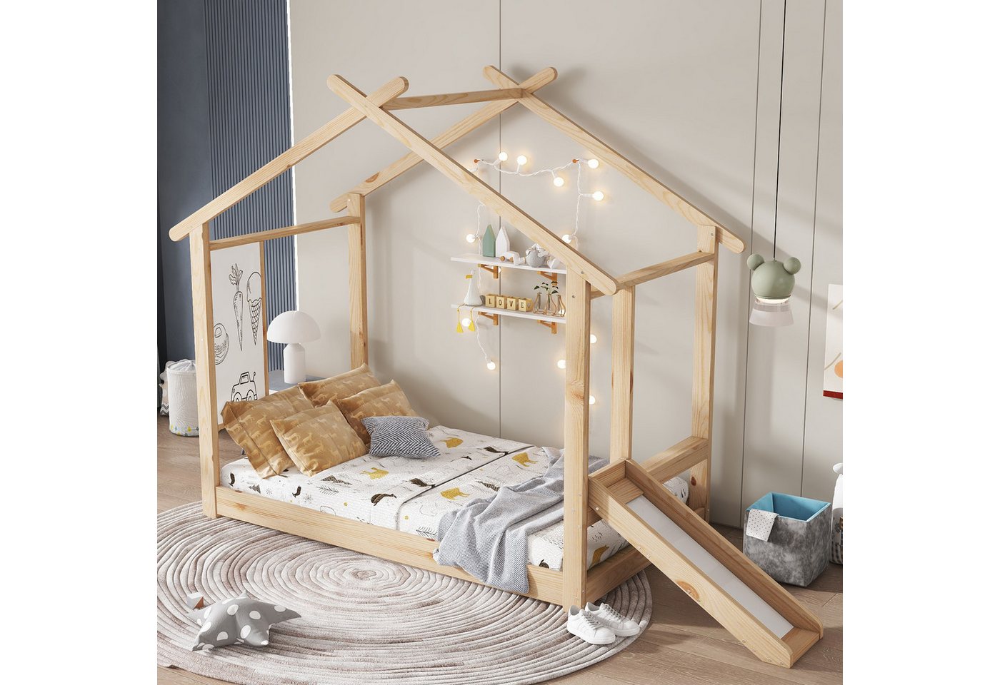 MODFU Kinderbett mit lustiger Rutsche & beschreibbarer Tafel (Einzelbett mit Dachdesign, Holzbett 90x200cm), Inklusive Matratze von MODFU
