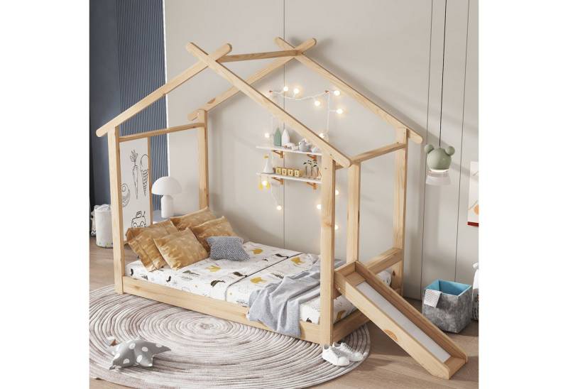 MODFU Kinderbett mit lustiger Rutsche & beschreibbarer Tafel (Einzelbett mit Dachdesign, Holzbett 90x200cm), ohne Matratze von MODFU