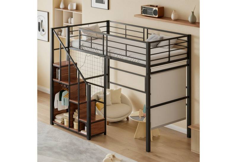 MODFU Kinderbett mit sicherer Leiter (Hochbett mit integriertem Stauraum und praktischem Ablagefach, Metallbett 140x200 cm), ohne Matratze von MODFU