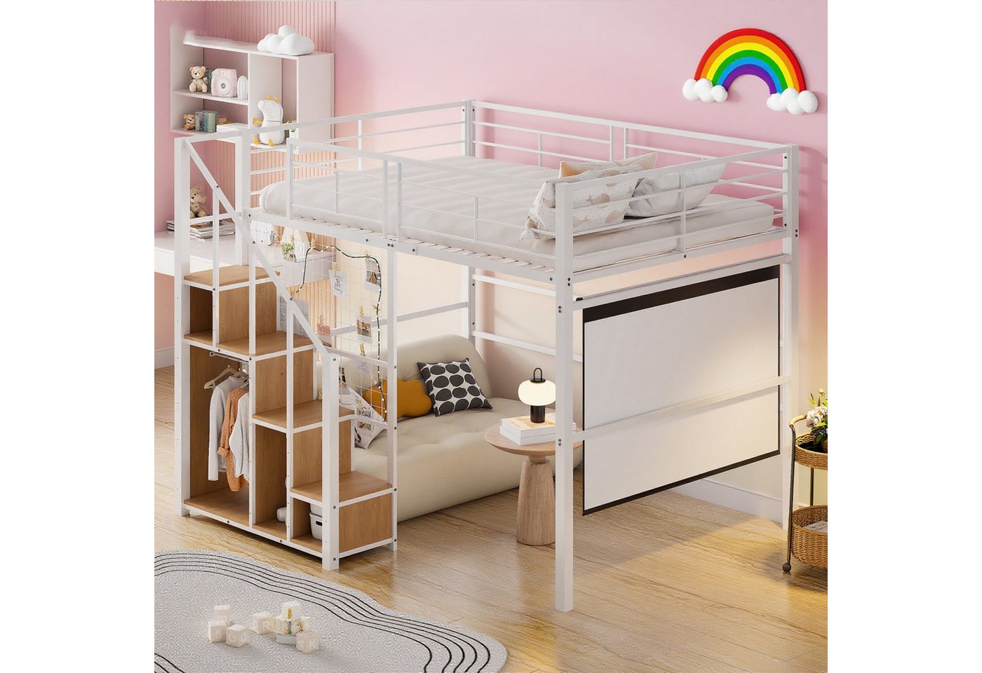 MODFU Kinderbett mit sicherer Leiter (Hochbett mit integriertem Stauraum und praktischem Ablagefach, Metallbett 140x200 cm), ohne Matratze von MODFU