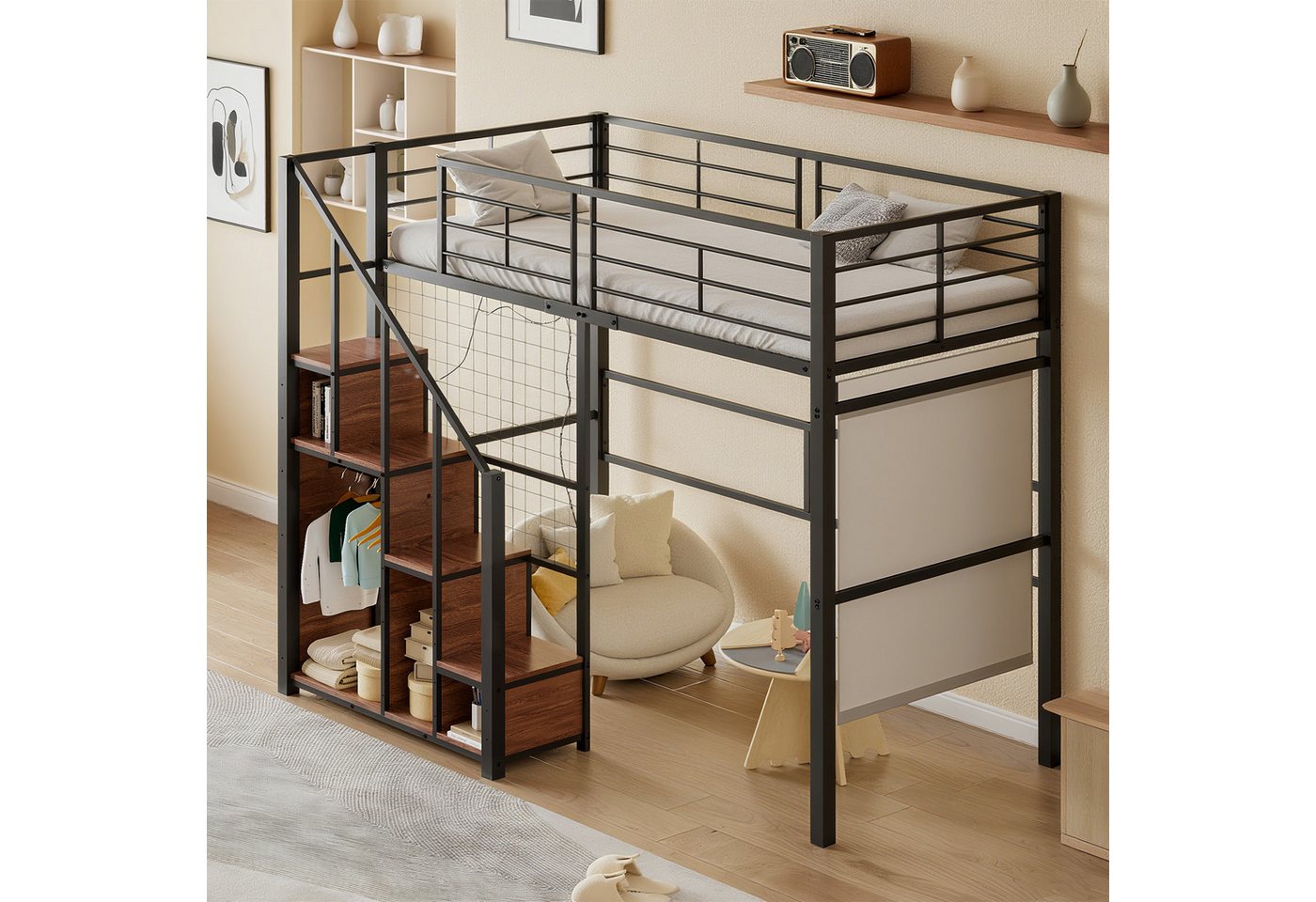 MODFU Kinderbett mit sicherer Leiter (Hochbett mit integriertem Stauraum und praktischem Ablagefach, Metallbett 90x200 cm), ohne Matratze von MODFU