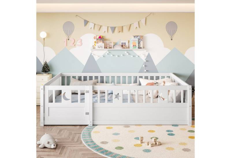 MODFU Kinderbett mit sicherer Schlafbereich mit Schloss (Paneelbett Holzbett mit Sicherheitsgitter, Stern- & Monddekoration, 140 x 190 cm), ohne Matratze von MODFU