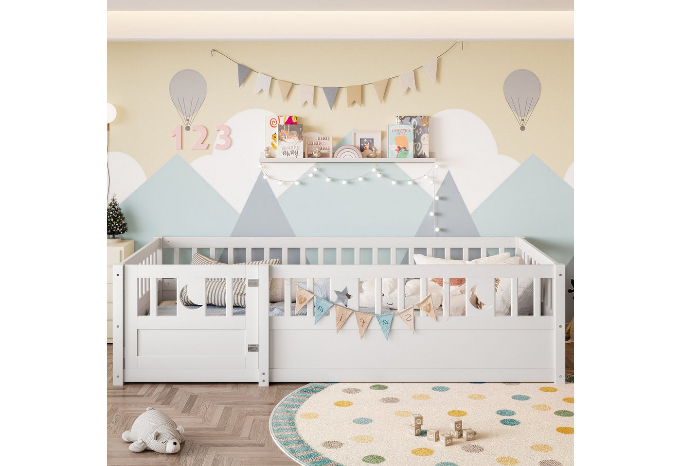 MODFU Kinderbett mit sicherer Schlafbereich mit Schloss (Paneelbett Holzbett mit Sicherheitsgitter, Stern- & Monddekoration, 90 x 190 cm), ohne Matratze von MODFU