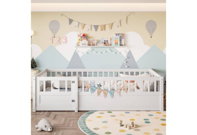 MODFU Kinderbett mit sicherer Schlafbereich mit Schloss (Paneelbett Holzbett mit Sicherheitsgitter, Stern- & Monddekoration, 90 x 190 cm), ohne Matratze von MODFU