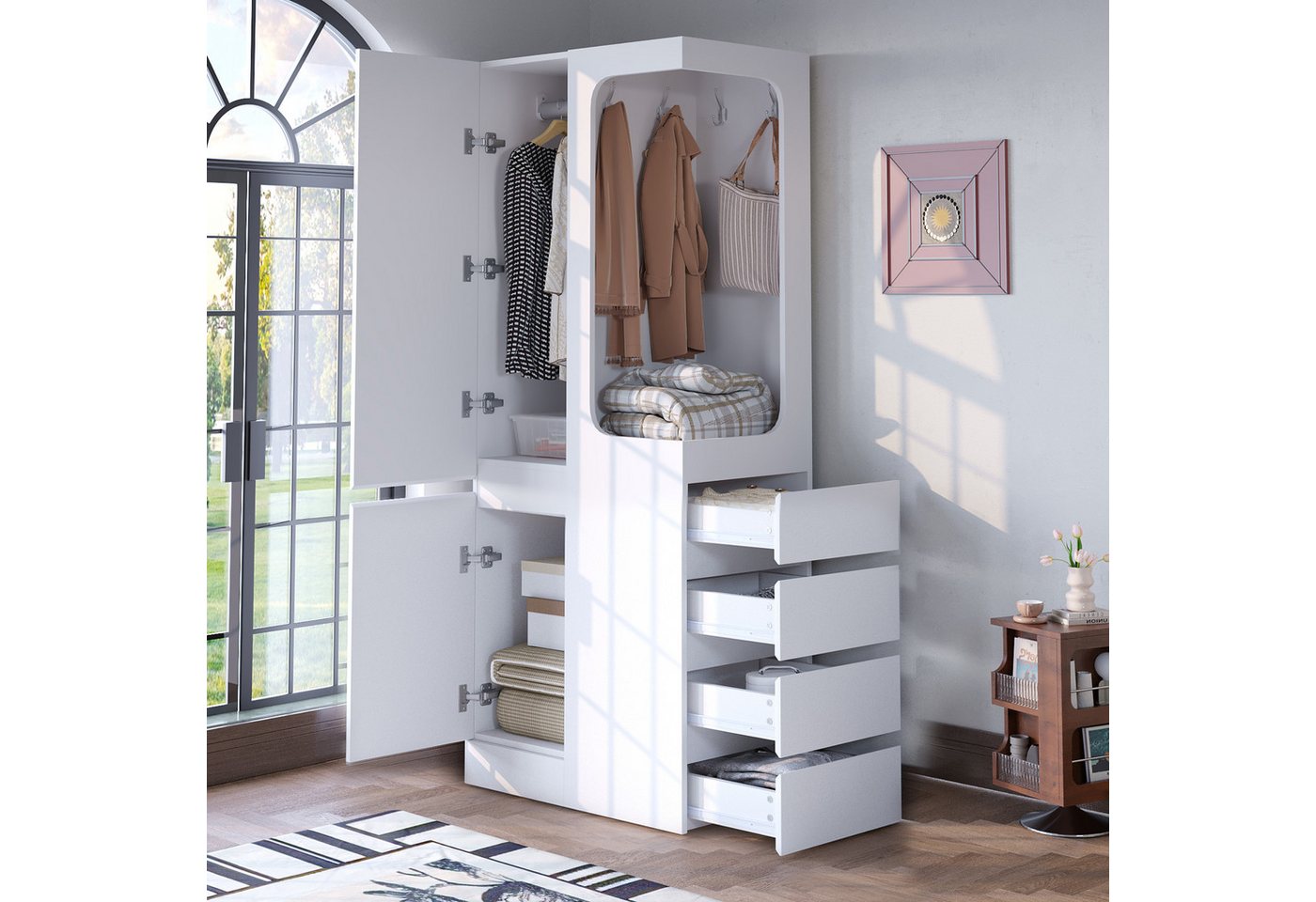 MODFU Kleiderschrank eintüriges Design (Schrank mit 4 Schubladen und offenem Kleiderbereich, 70 × 40 × 170 cm) von MODFU