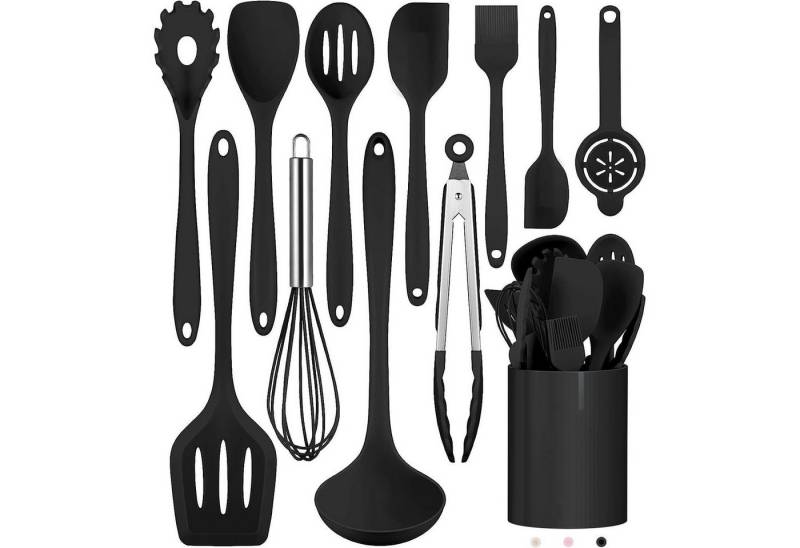 MODFU Kochbesteck-Set 12-teiliges Silikon Kochutensilien Kochbesteck Set Spülmaschinenfest (Silikonspatel Kochgeschirr Set mit Utensilienhalter, 12-tlg., Hitzebeständig, antihaftbeschichtet, BPA-freie Utensilien), Einteiliges Design und Leicht zu reinigen von MODFU