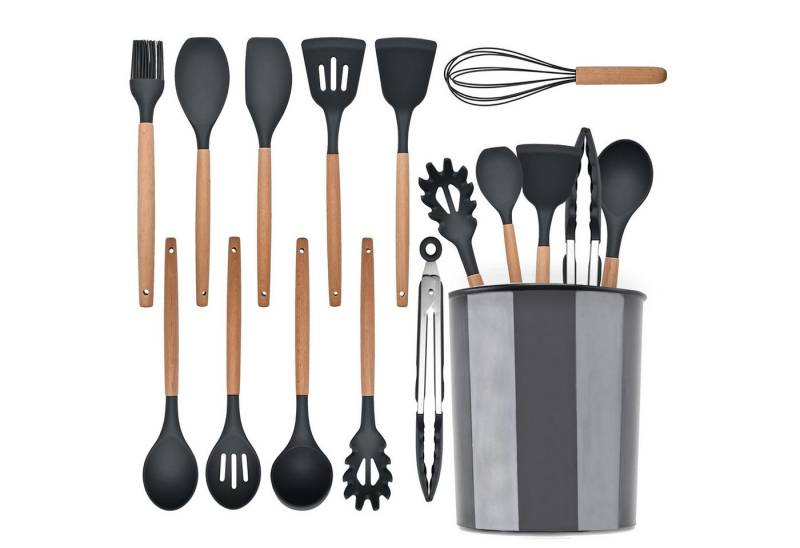MODFU Kochbesteck-Set 12er Küchenhelfer Set Kochgeschirr Küchenzubehörset (mit Hitzebeständigem Holzgriff und Aufhängeschlaufe, 12-tlg., Küchen Utensil, Silikon und Holz), BPA-frei für Kochen Braten Schöpfen Mischen und Backen usw von MODFU