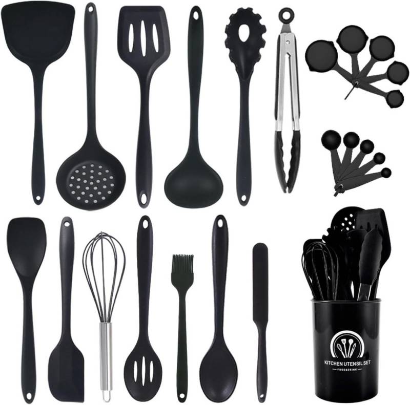 MODFU Kochbesteck-Set 24er Küchenutensilien Set Küchenhelfer Kochgeschirr (Silikon Kochset Antihaft Hitzebeständig mit Utensilienhalter, 1-tlg., Hitzebeständiger, Silikonspatel, kratzfest, ergonomische Griffe), Spülmaschinengeeignet Kochzubehör für kochen und backen usw von MODFU
