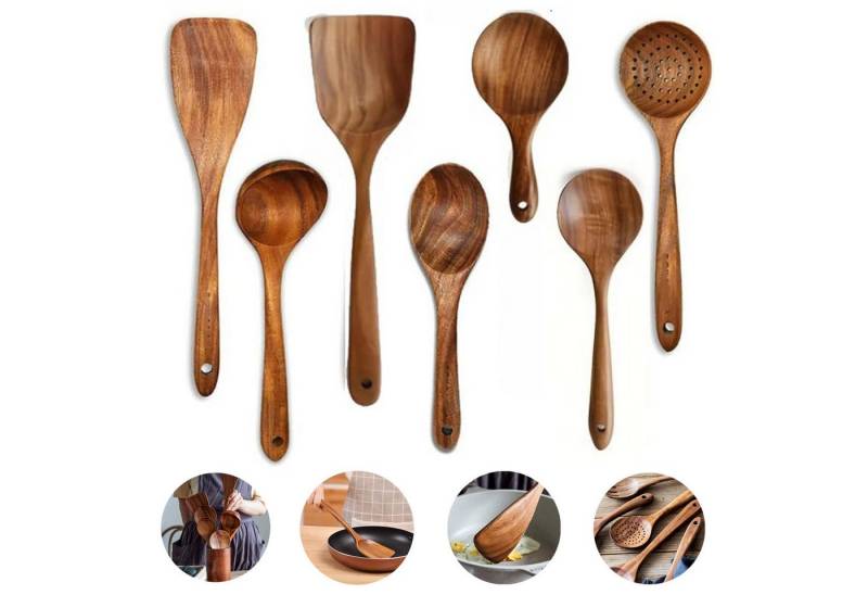MODFU Kochbesteck-Set Holz Küchenutensilien Kochgeschirr Set Küchenhelfer (Holzutensilien Kochset Antihaft Hitzebeständig ohne Utensilienhalter, 7-tlg., Holzspatel, Kochutensilien, kratzfrei, antibakteriell), Massivholz Multifunktionales Holzlöffel Kochzubehör für kochen backen von MODFU