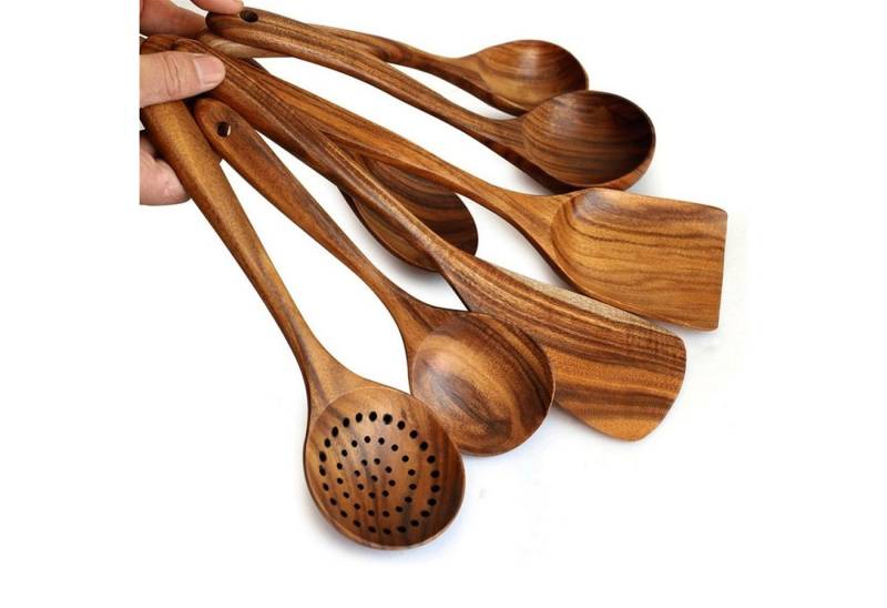 MODFU Kochbesteck-Set Küchenhelfer Set Kochgeschirr Küchengerät Küchen (7-tlg., Holzspatel, Utensilien-Set, Sieblöffel, Salatgabel, Kochutensilien), Massivholz Multifunktionales Holzlöffel Kochzubehör für kochen backen von MODFU