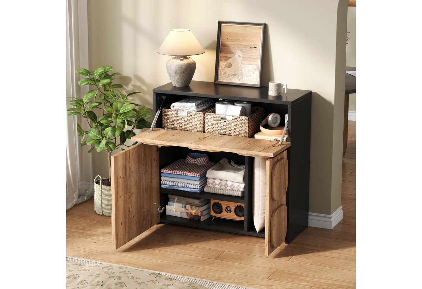 MODFU Kommode Vintage-Stil mit schwarzen Seiten (Küchenschrank Anrichte, 5 Fächern und viel Stauraum, 79.6 x 34.8 x 81.5cm) von MODFU