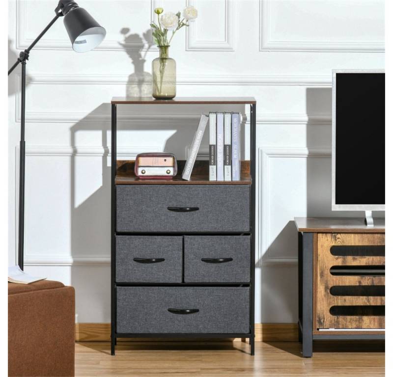 MODFU Kommode für Wohnzimmer & Schlafzimmer (Kommode mit 4 Stoffschubladen – modernes Design mit MDF-Ablage & Metallrahmen, platzsparender Stauraum, 1 St., 29L x 58B x 103H cm) von MODFU