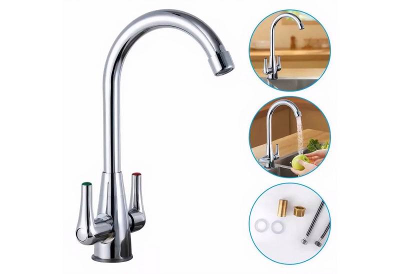 MODFU Küchenarmatur Doppelgriff Mischbatterie 360 ° rotierende Wasserhahn Küche (Messing Chrom, 1-St., mit Zubehör Dichtungen heiß kalt getrennt steuerbar) für Küche Waschraum von MODFU