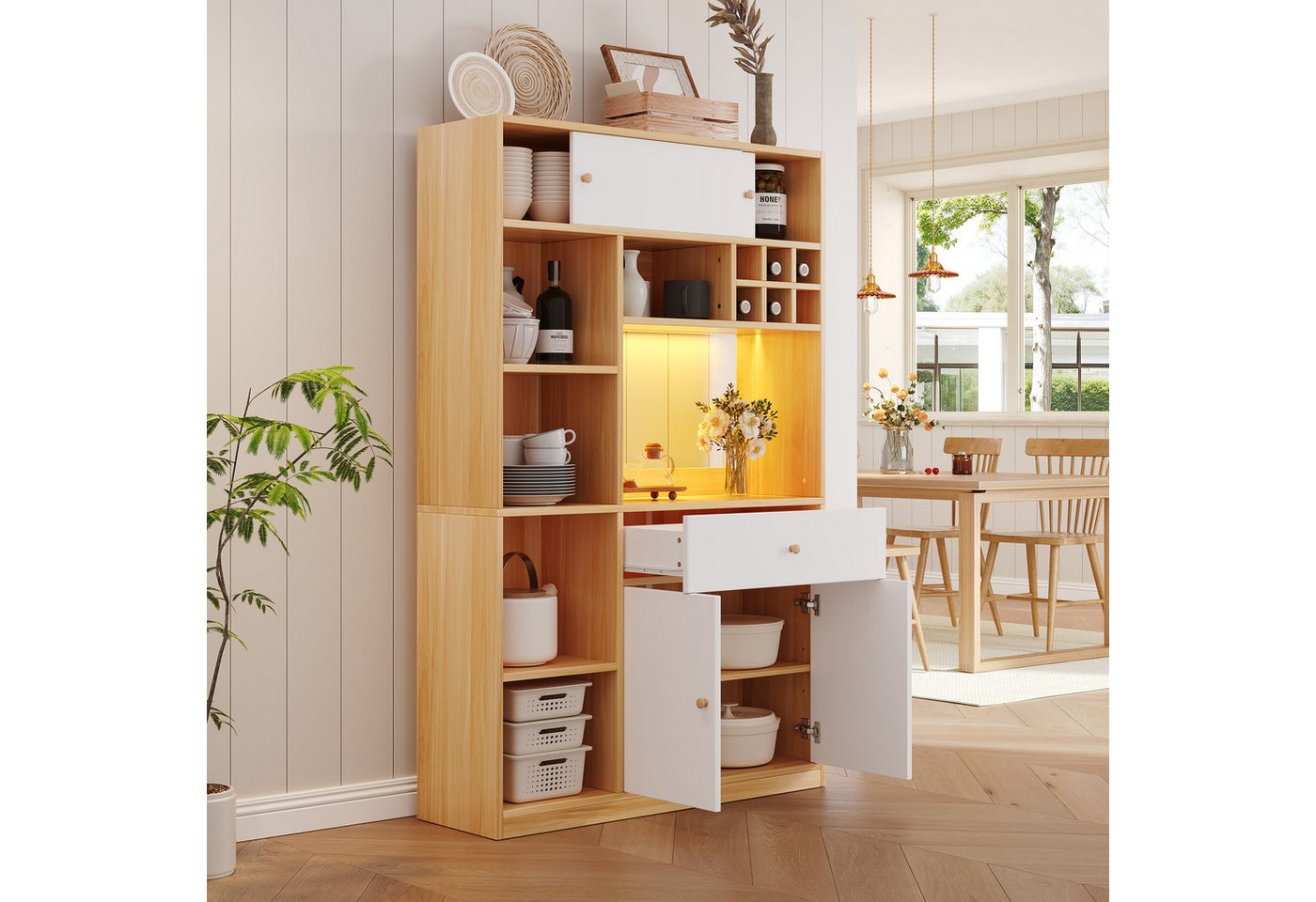 MODFU Küchenbuffet mit LED-Beleuchtung (3 Türen & 1 Schublade, großer Stauraum für Mikrowelle & Küchenutensilien, 1-St., B115×T35×H180cm) von MODFU