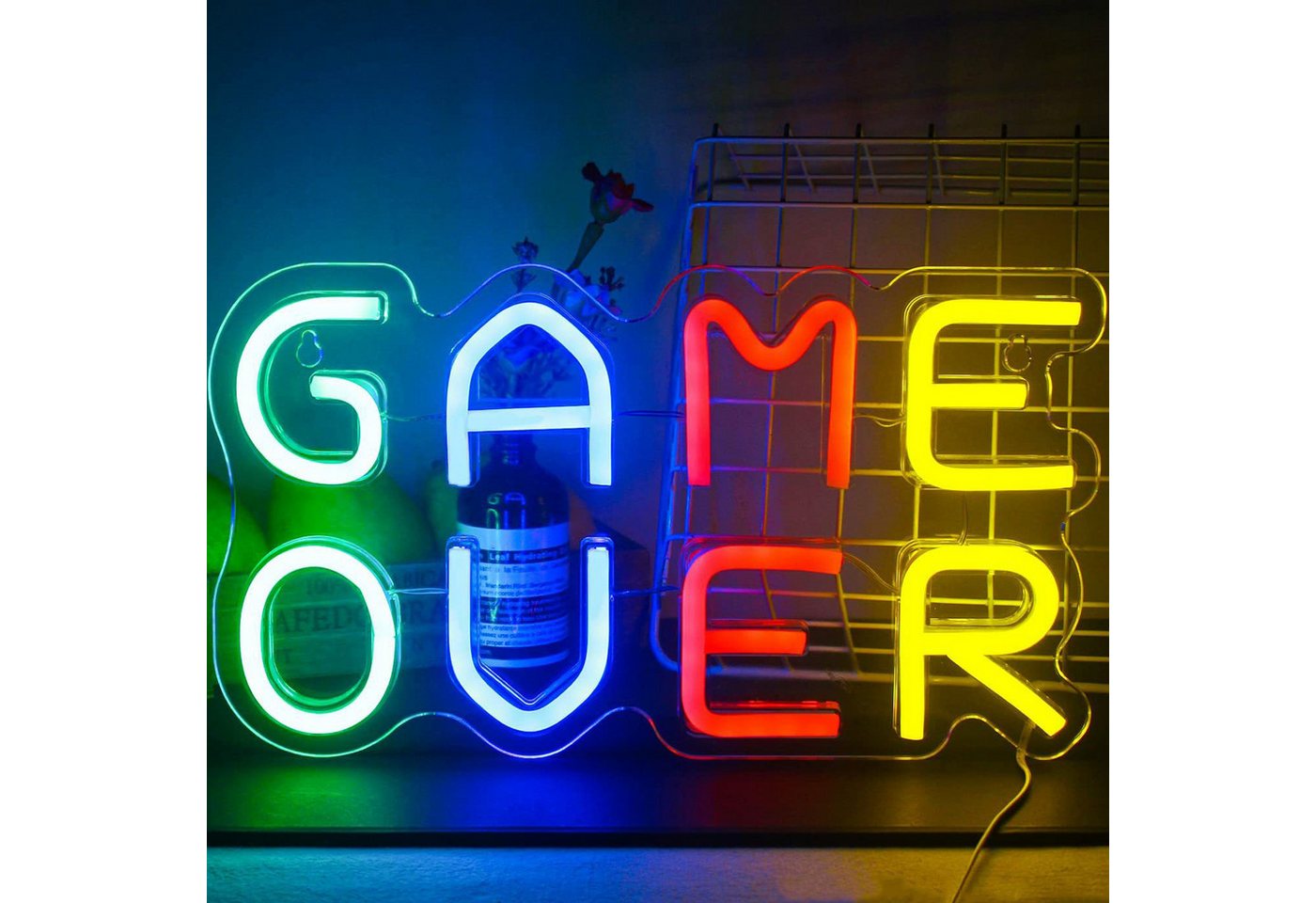 MODFU LED Dekolicht Game Over Neon Schild Leuchtreklame Neonlicht LED Wand Dekor, frei stehend oder zur Wandmontage, LED fest integriert, bunt, Neon Sign Leuchtschrift für Jungen Kinder Autowerkstatt Bar Party Deko von MODFU