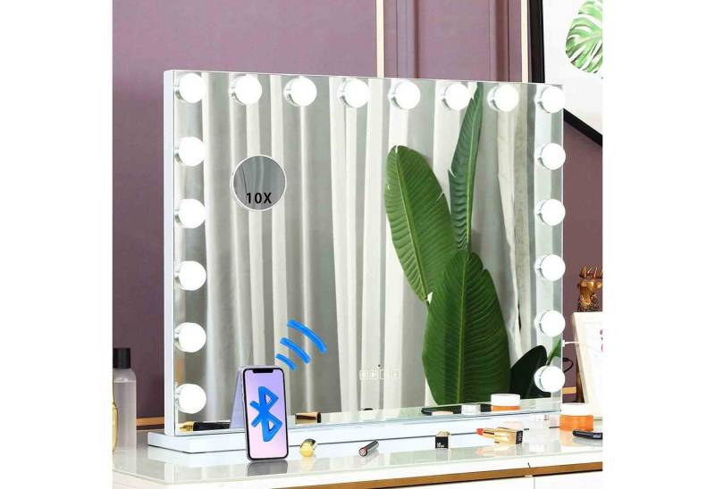 MODFU Spiegel LED Hollywood Spiegel Wandspiegel Tischspiegel (10x Vergrößerung Touch-Steurung Weiß 58x46 cm mit Bluetooth, 15 dimmbare LED, mit USB-Ladeanschluss, mit 3 einstellbaren Lichtfarben), für Schlafzimmer Ankleidezimmer Badezimmer Schönheitssalon usw von MODFU