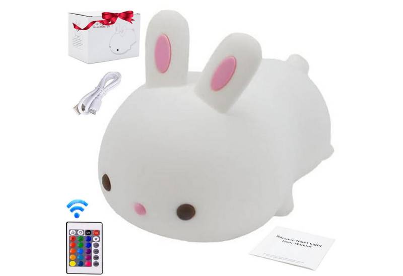 MODFU LED Nachttischlampe Nachtlicht Baby Nachtlampe Stilllicht Schlaflichter Deko, Timing-Modus, LED fest integriert, 16 weiche Farben, Hase Nachtlichter mit Fernbedienung aus Silikon dimmbar USB Aufladbar von MODFU