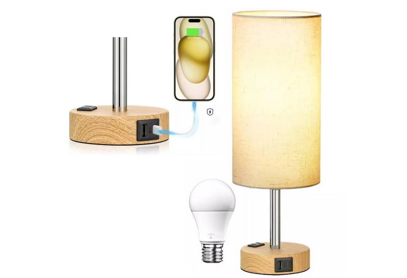 MODFU LED Tischleuchte Dimmbares Tischlicht Nachtlicht Touch Lampe Leselampe, mit USB A C Ladeanschlüssen und Steckdose, LED fest integriert, Warmweiß, Stoffschirm und Holzfuß ideal für Schlafzimmer & Büro von MODFU