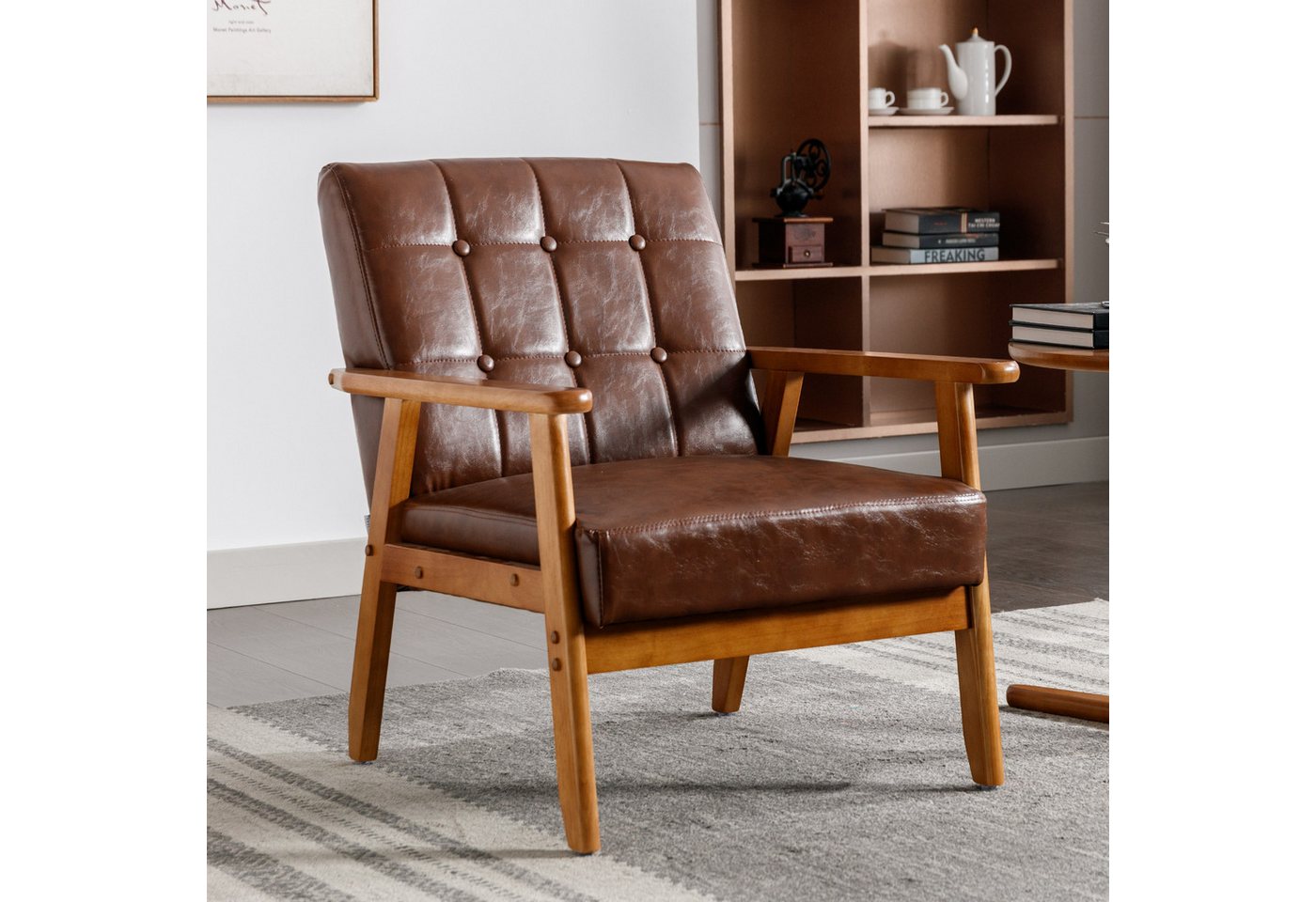 MODFU Loungesessel Freizeitstuhl mit Massivholz-Armlehnen und -Füßen (für Wohnzimmer Schlafzimmer Studio-Stuhl, Mid-Century Modern Akzentstuhl) von MODFU