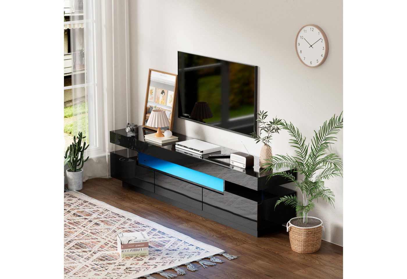 MODFU Lowboard Fernsehtisch (großer Stauraum, TV-Schrank mit farbwechselnder LED-Lichtleiste), mit Schublade und Klapptüren, 160*42*35cm von MODFU