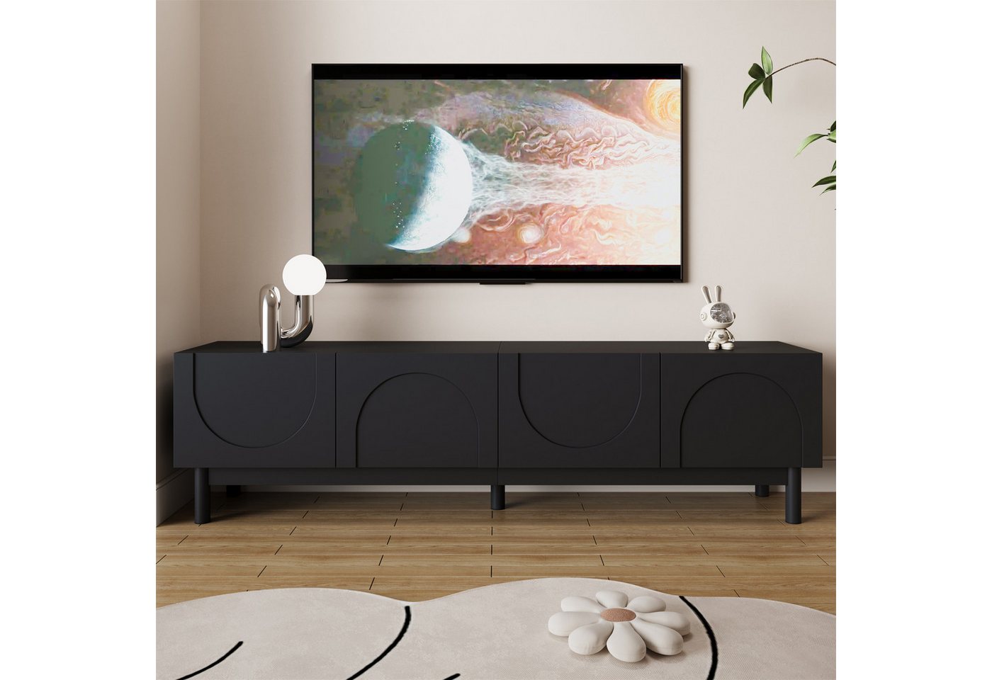 MODFU Lowboard Fernsehtisch mit großem Stauraum – 4 Türen (mit Massivholz und Metallfüßen, 1 St., 169x 34 x 45,5cm), mit 4 Türen im grifflosen Design von MODFU