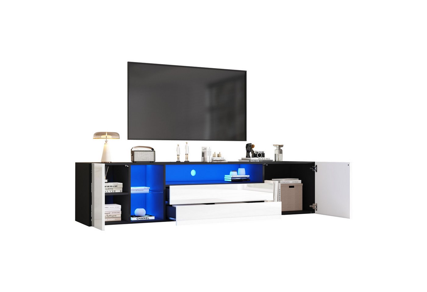 MODFU Lowboard Hochglanzfront, schwarz-weiß Design (Fernsehtisch, Wohnzimmermöbel, 1 St., 2 Schubladen und 2 Türen), Hochglanz-LED-TV-Schrank von MODFU