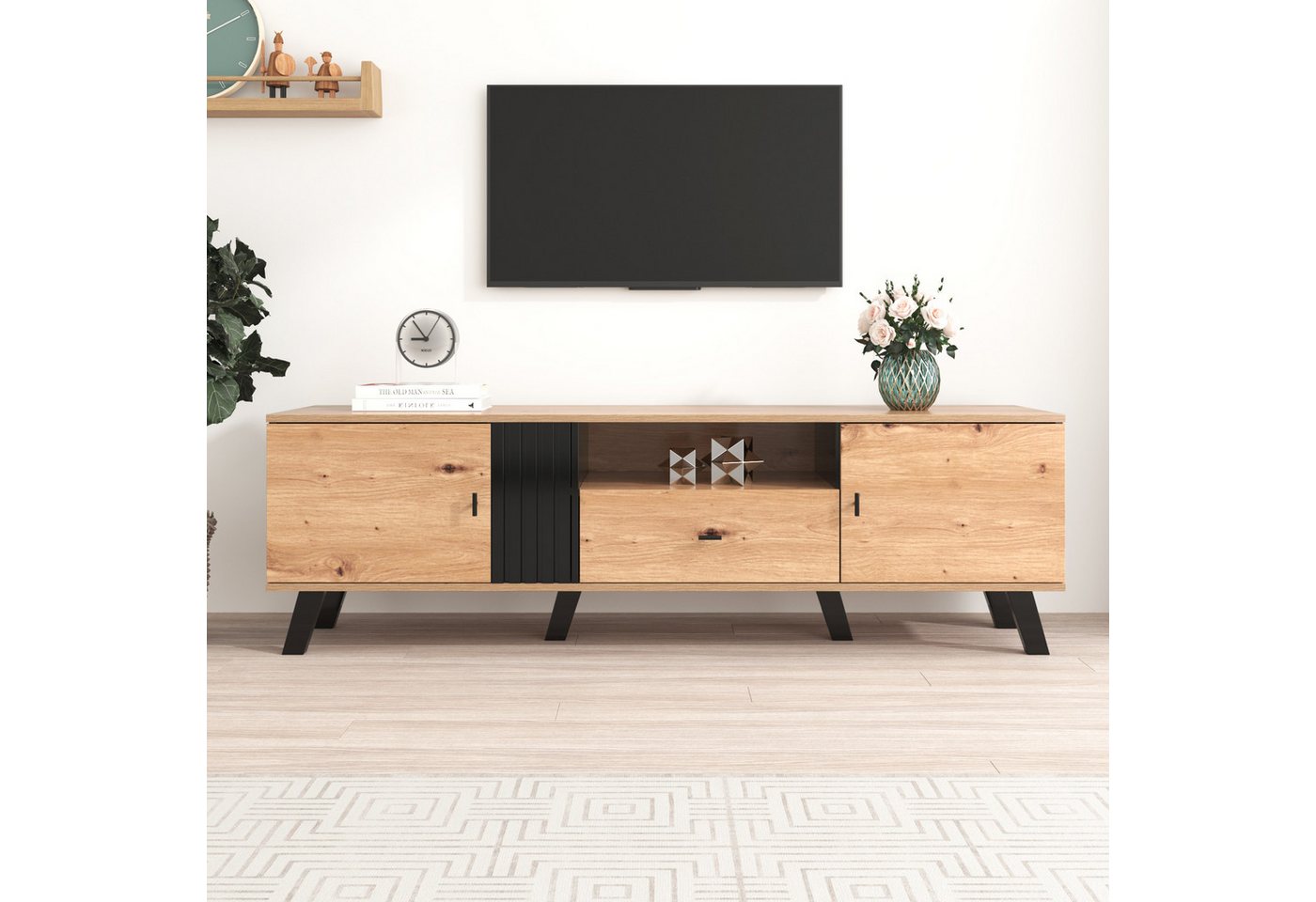 MODFU Lowboard TV-Schrank mit Holz- und Schwarzdesign (Vielfältige Aufbewahrungsfunktionen, einzigartiges Erscheinungsbild), TV-Schrank, mit 2 Türen und 1 Schublade von MODFU
