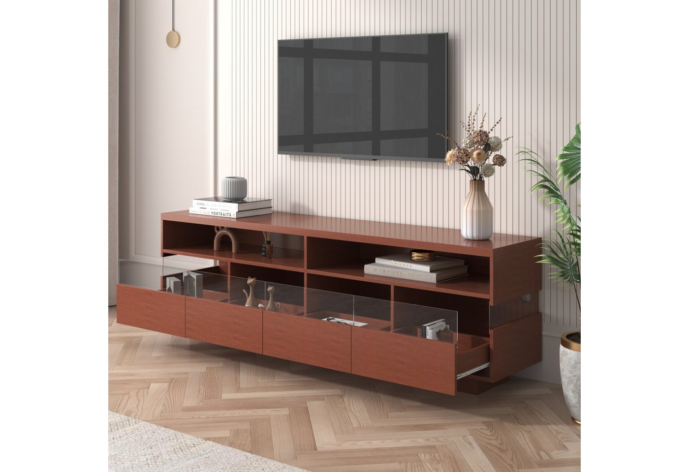 MODFU Lowboard TV-Schrank mit Nischen und Schubladen (Breite: 173,5cm), TV-Ständer hochglanz mit LED von MODFU