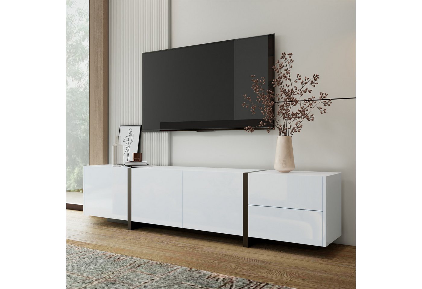 MODFU Lowboard Minimalistisches Design mit klaren Linien (TV-Panel, Fernsehtisch, 1 St., 3 Türen, 1 Schublade & 1 Klapptür), Schwarz-Weiß für modernes Wohnzimmer von MODFU