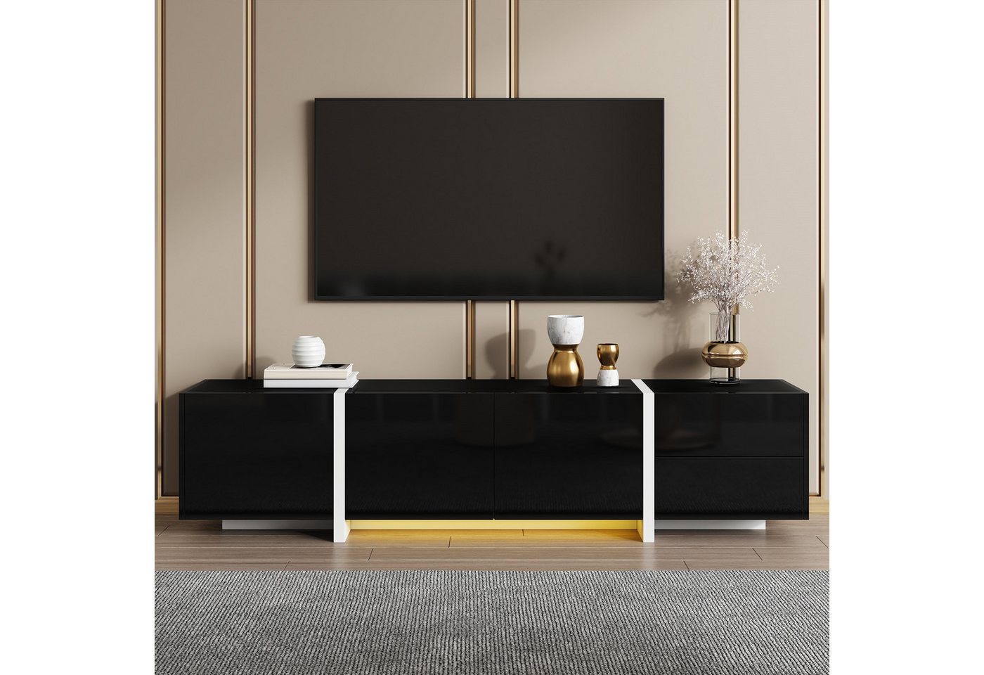 MODFU Lowboard Minimalistisches Design mit klaren Linien (TV-Panel, Fernsehtisch, 1 St., 3 Türen, 1 Schublade & 1 Klapptür), Schwarz-Weiß für modernes Wohnzimmer von MODFU
