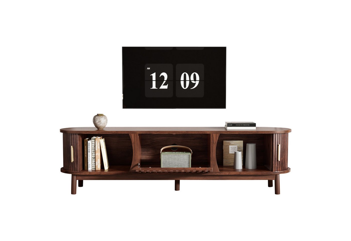 MODFU Lowboard Retro-Stil mit Schiebetüren (Fernsehschrank, Wohnzimmermöbel, TV-Board, 1 St., passend für TV-Ständer bis zu 65 Zoll), mit nach unten klappbarer Hohlschranktür von MODFU