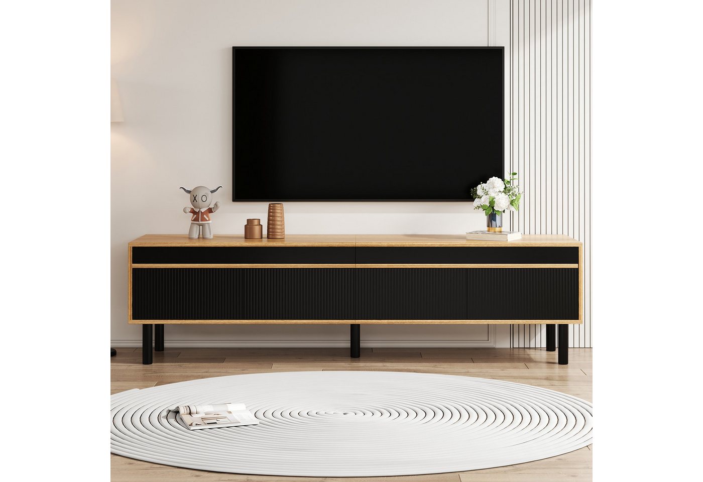 MODFU Lowboard TV-Lowboard mit großem Stauraum (170 L x 38W x 47.7 H cm, 1 St., mit Streifenoptik), mit 3 Türen im Kontrastdesign von MODFU